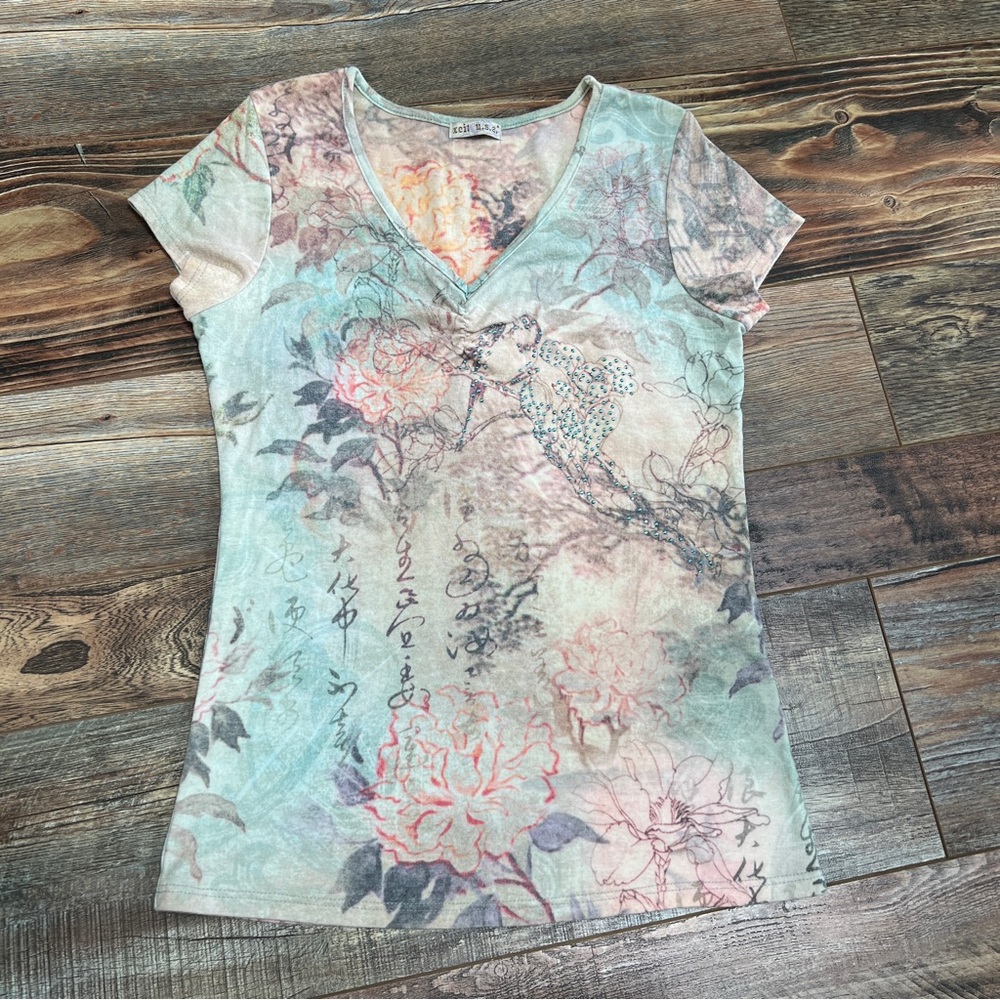 Vintage Y2K xcit U.S.A. Flower V-neck Shirt Size M